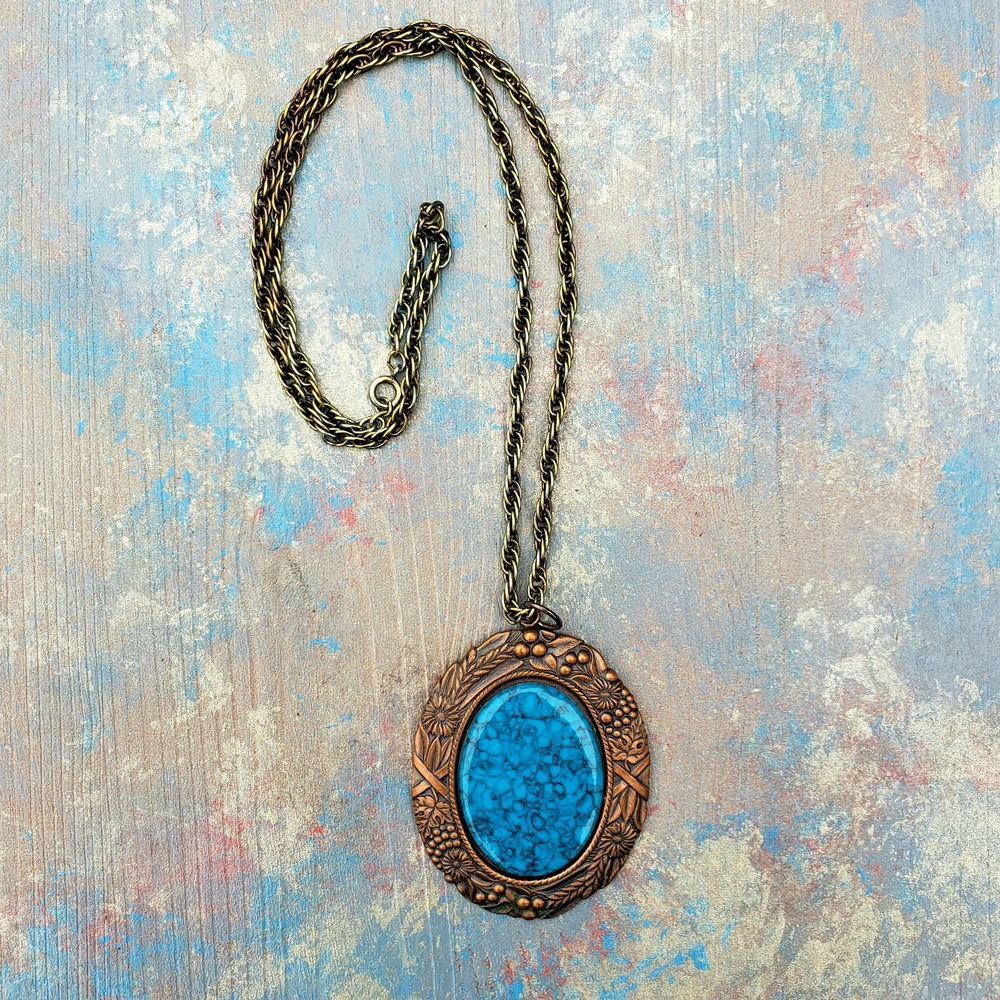 Vintage Copper And Faux Turquoise Pendant Necklace, Copper Pendant Necklace